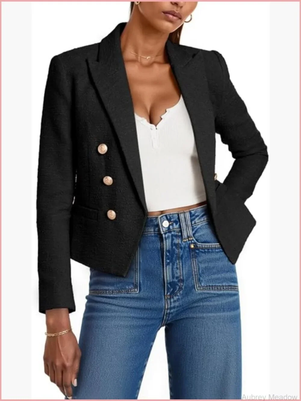 Cropped Tweed Blazer Jacket Lapel Open Front Long Sleeve Business Suit Jacket